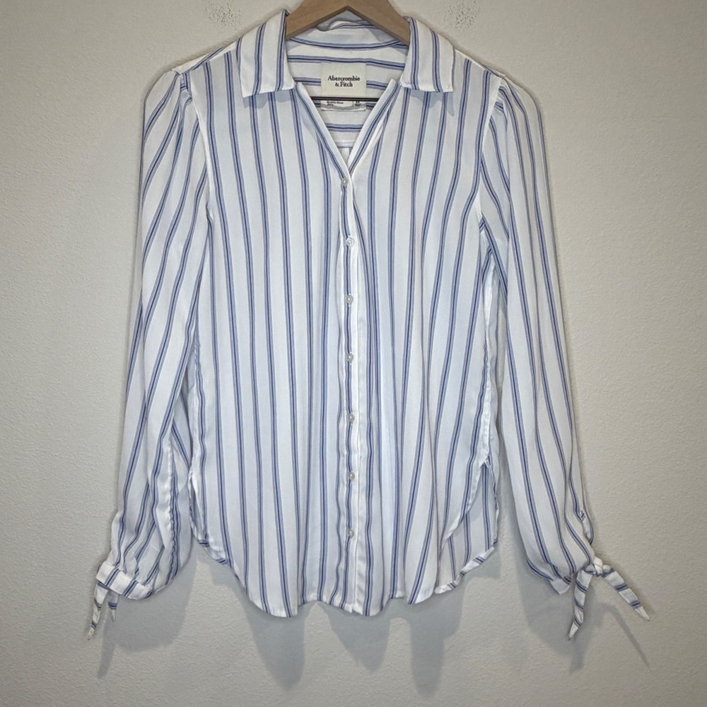 ABERCROMBIE & FITCH Women Shirt XS White Blue Striped Coastal Nautical Button Up